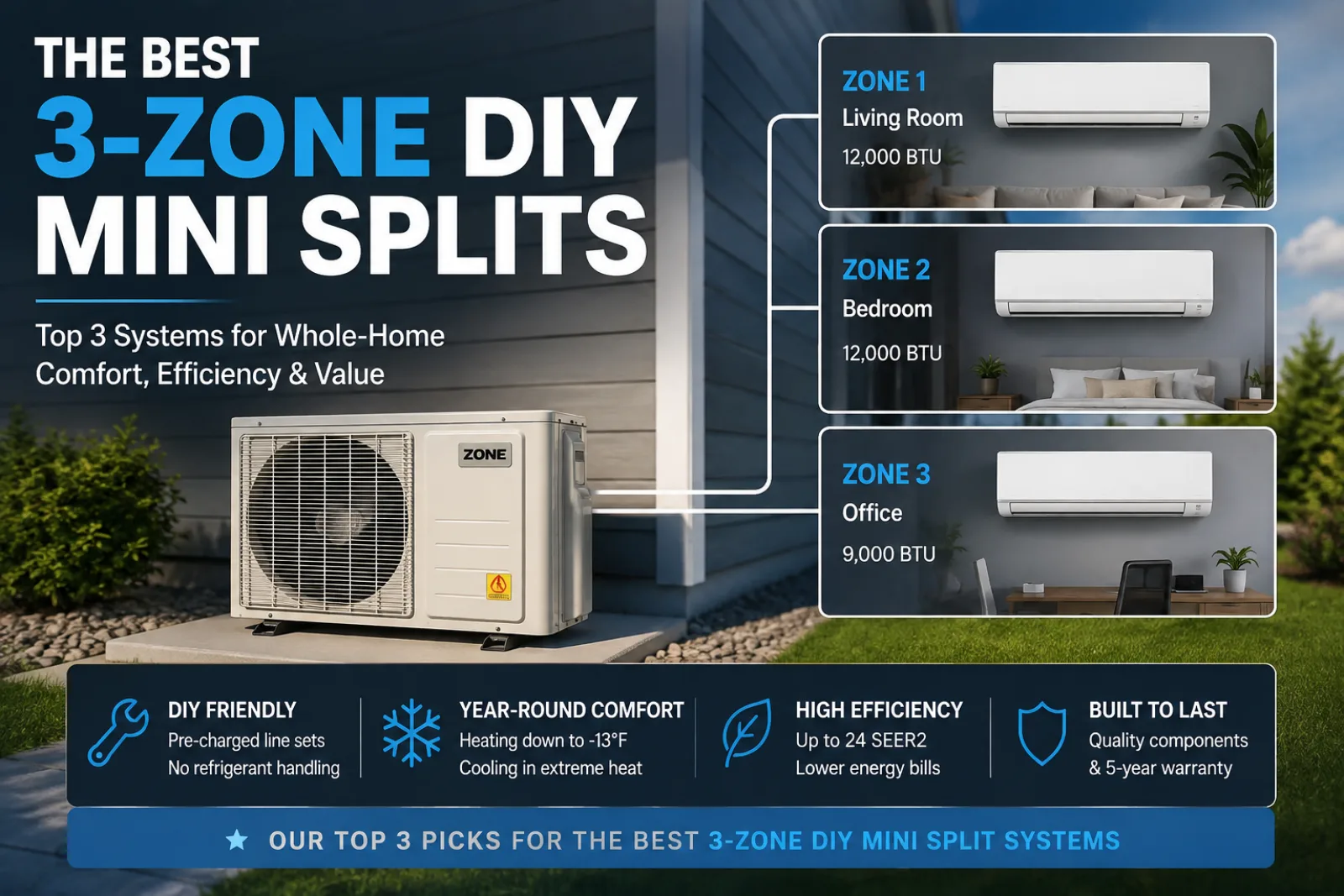 Best DIY 3-zone mini split 2026: a Zone Air outdoor unit feeding three indoor heads for a living room, bedroom, and office, with the top picks vs MRCOOL and Cooper & Hunter