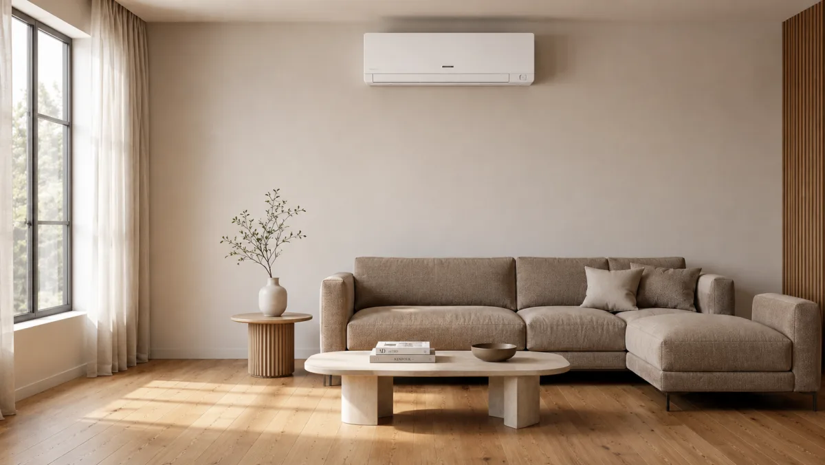 Best DIY mini split brands according to Reddit 2025-2026: a wall-mounted ductless mini split above a living room sofa