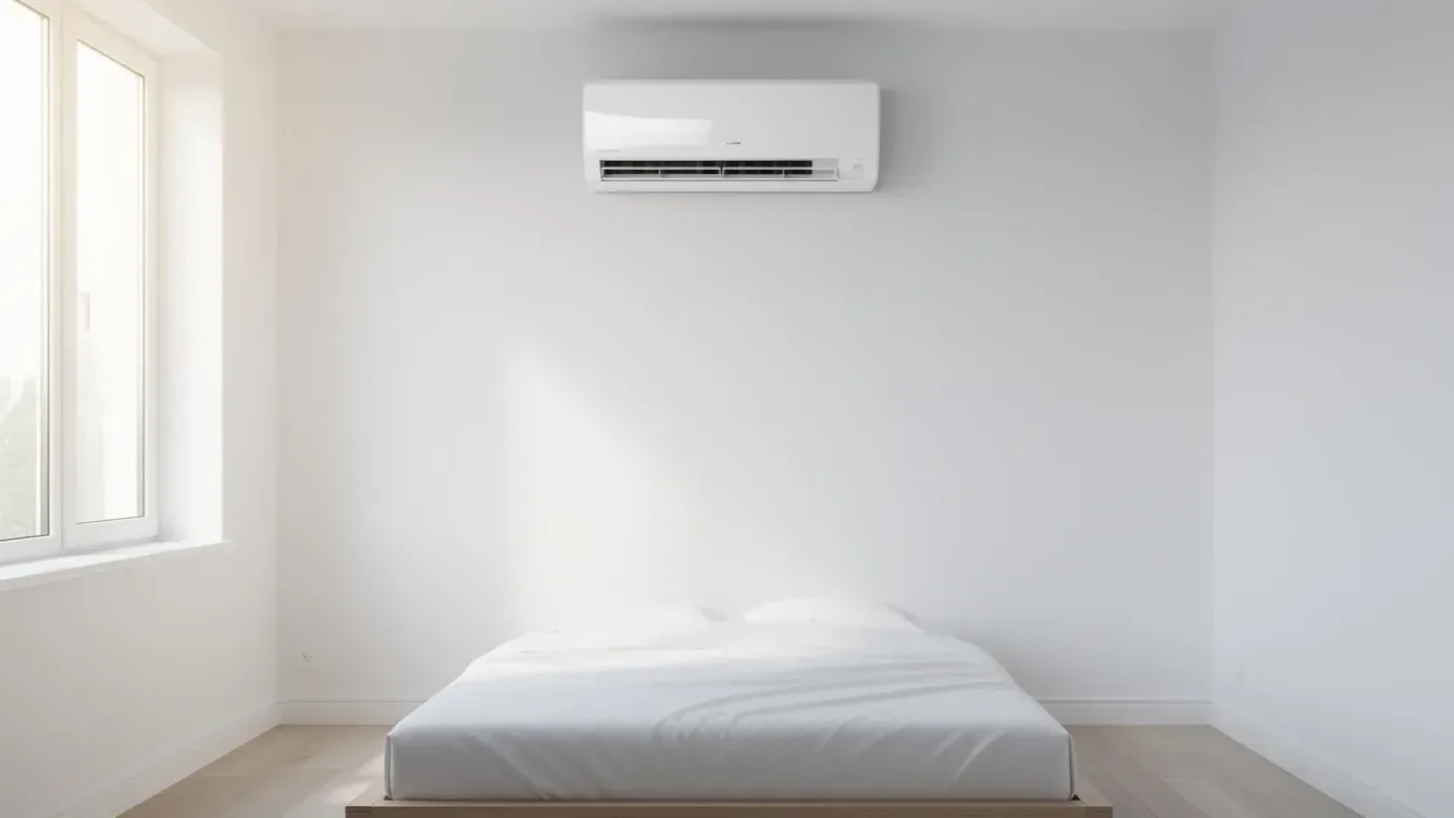 Best DIY mini split for 250 sq ft: a white 9,000 BTU ductless wall-mounted mini split head installed above the bed in a small bright bedroom