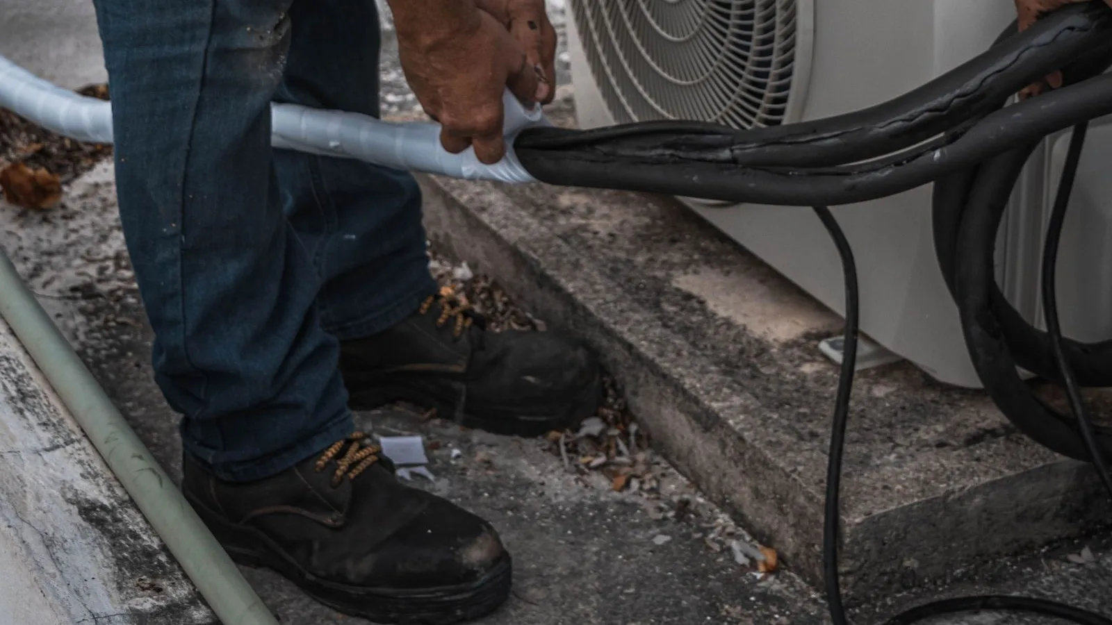 Best pre-charged mini split DIY line set: an installer guides an insulated pre-charged line set into the quick-connect fittings at the base of an outdoor mini split condenser