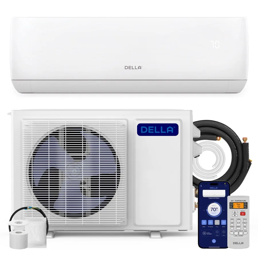 Della Vario Series 12,000 BTU mini split — indoor wall-mount head and outdoor condenser, SEER2 19