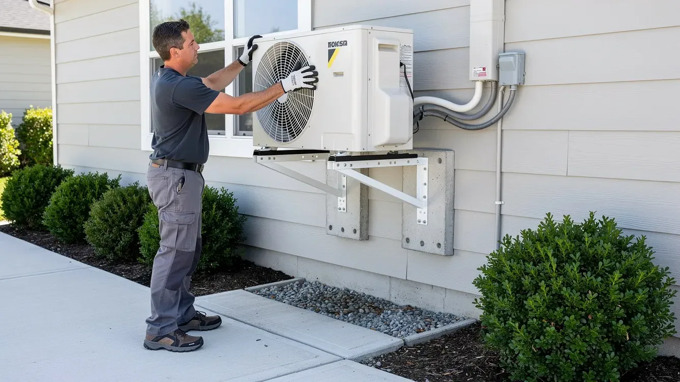 Best DIY mini split 18000 BTU for a 750 sq ft space — a homeowner mounting the 18,000 BTU outdoor condenser of a pre charged DIY mini split on a wall bracket, with the line set and electrical disconnect visible