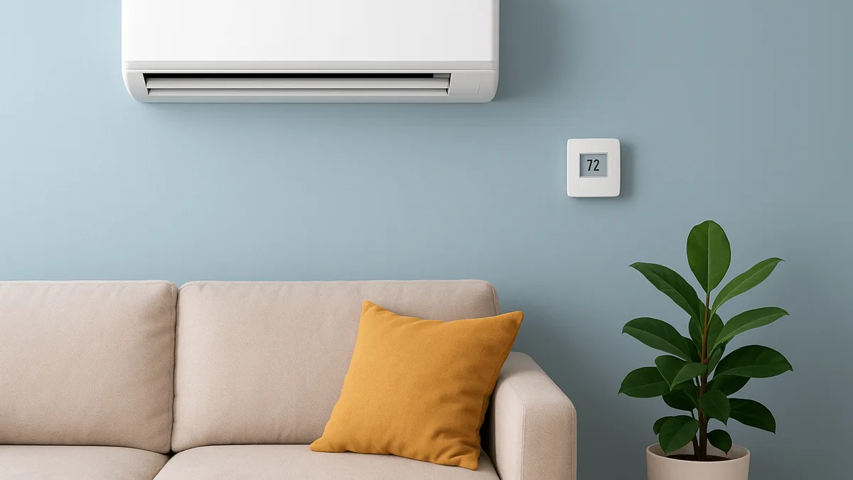 A wall-mounted ductless mini split indoor unit above a living room couch with a smart thermostat at 72°F — the DIY mini split Reddit consensus for 2026