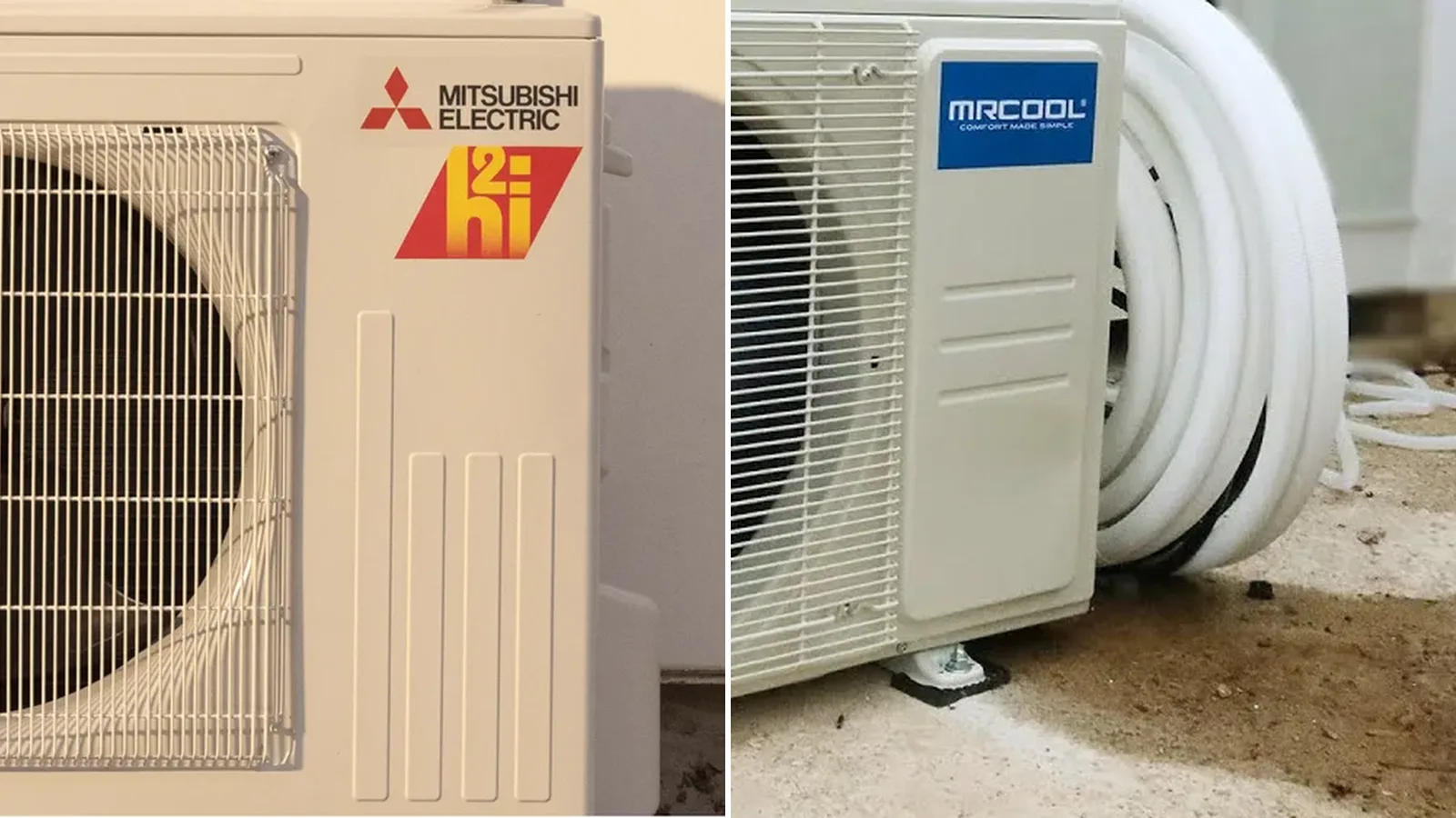MrCool vs Mitsubishi mini splits — DIY convenience or premium performance: Mitsubishi Electric Hyper-Heat outdoor unit beside a MrCool DIY unit with pre-charged line set