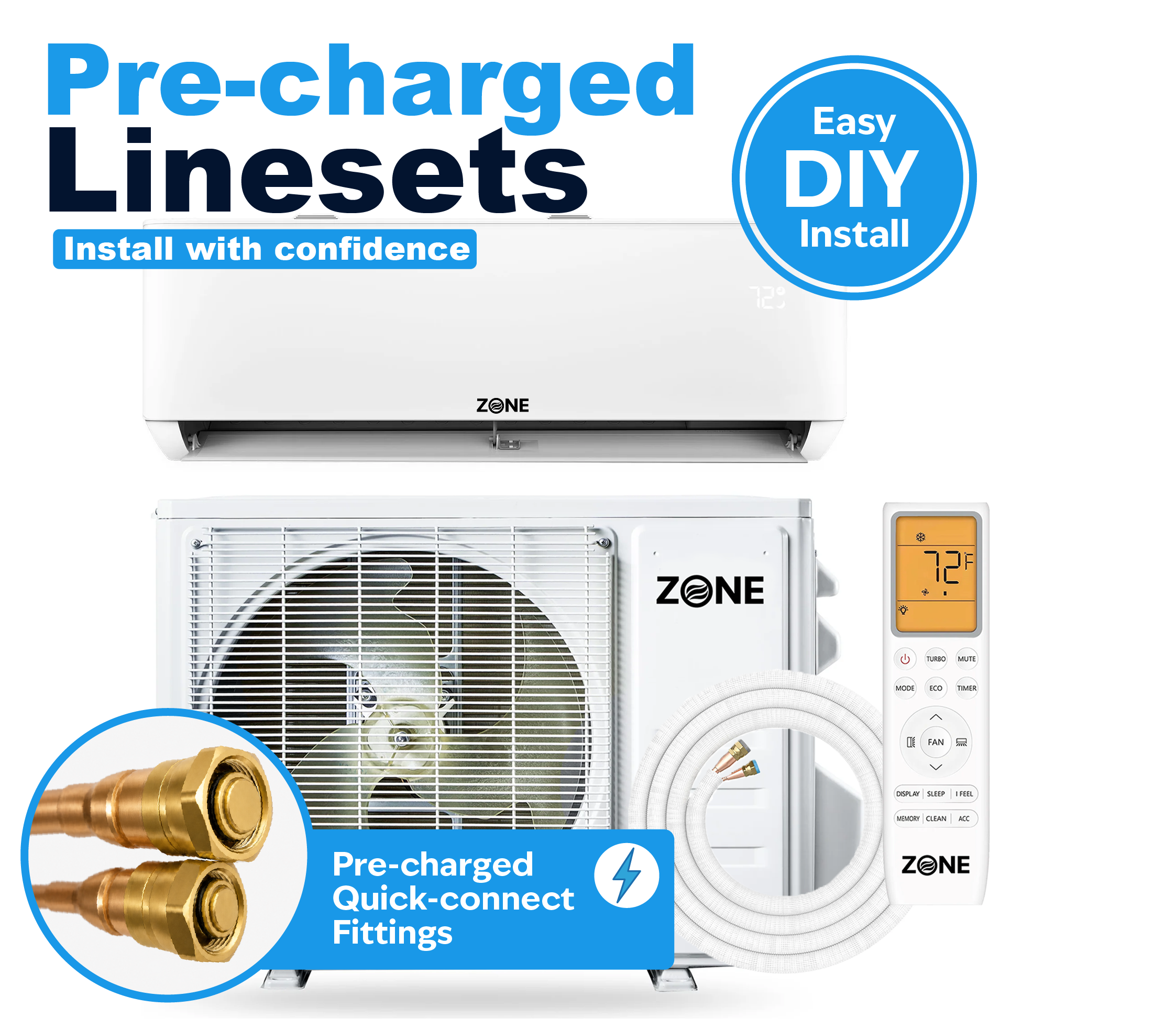 What is the easiest mini split to install — Zone Air DIY mini split with factory pre-charged quick-connect line set, the easiest DIY install of 2026