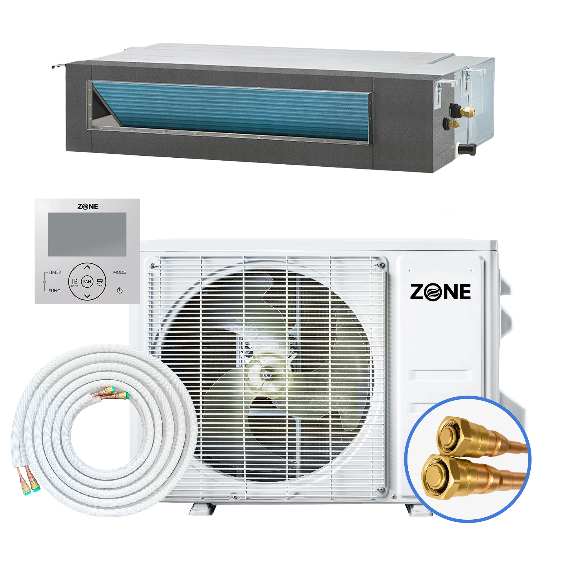 Zone Air Thin-Air DIY concealed duct mini split: slim concealed ducted indoor air handler, wired controller, outdoor heat pump unit, and pre charged quick-connect line set with the brass quick-connect fittings shown in close-up